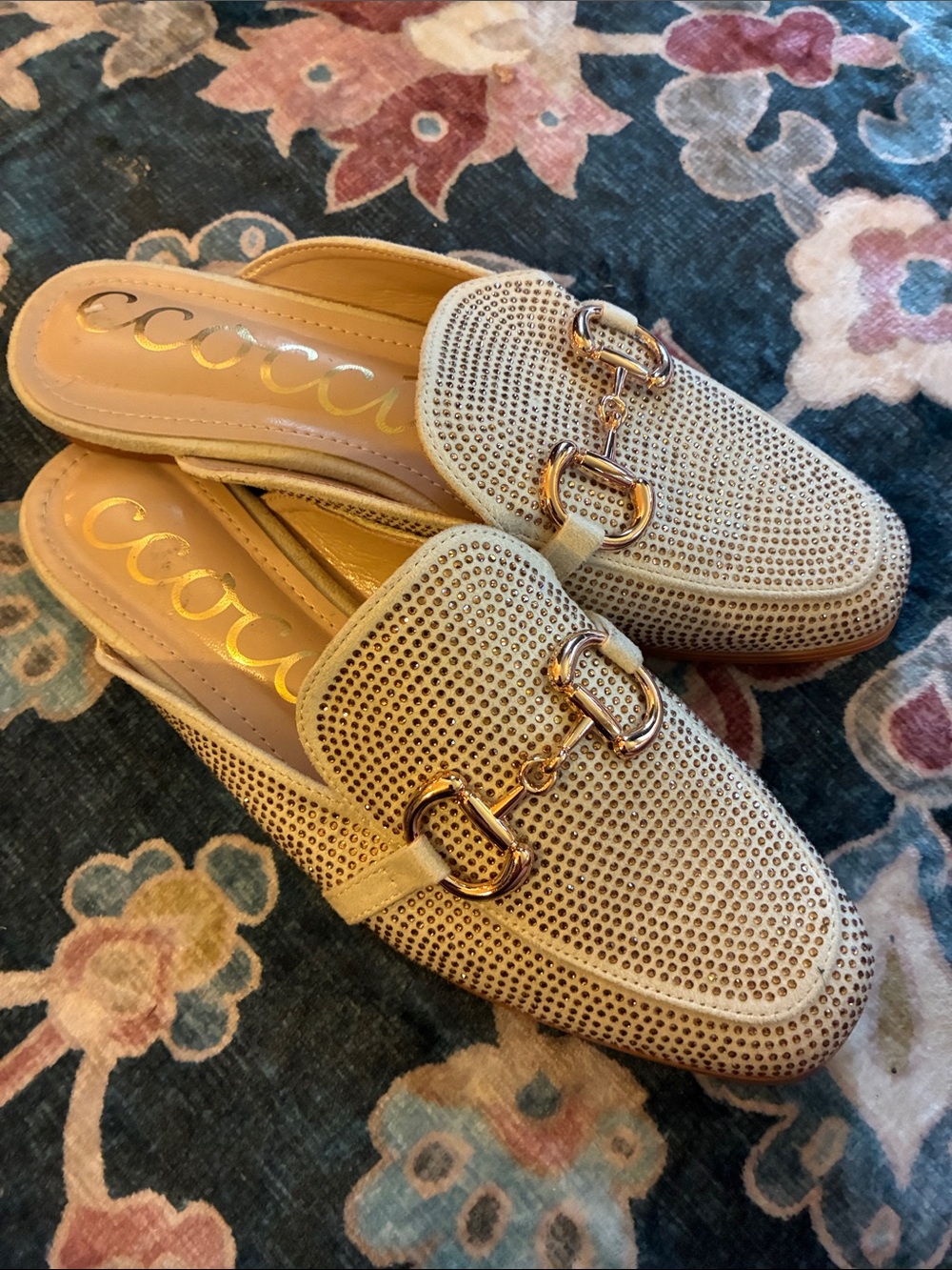 CCOCCI Beige Crystal-Embellished Backless Loafers 9